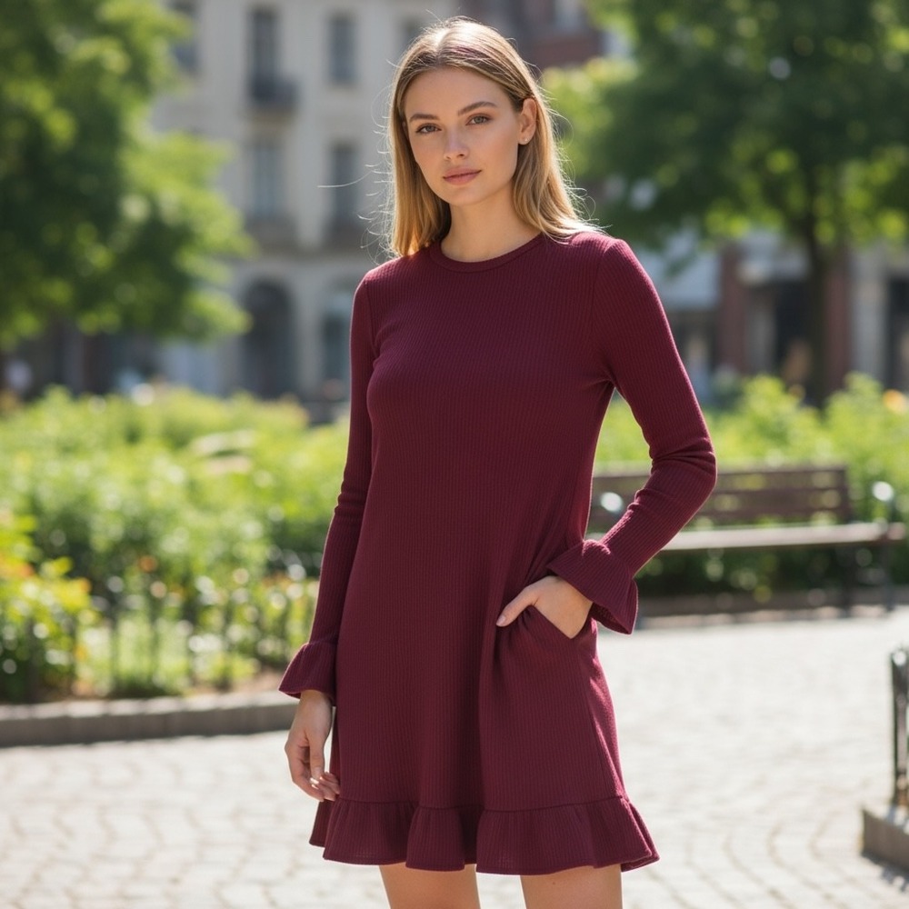 Isaac Mizrah Live Maroon Knit‎ Ruffle Sleeve Tunic Sweater Women's Size XS